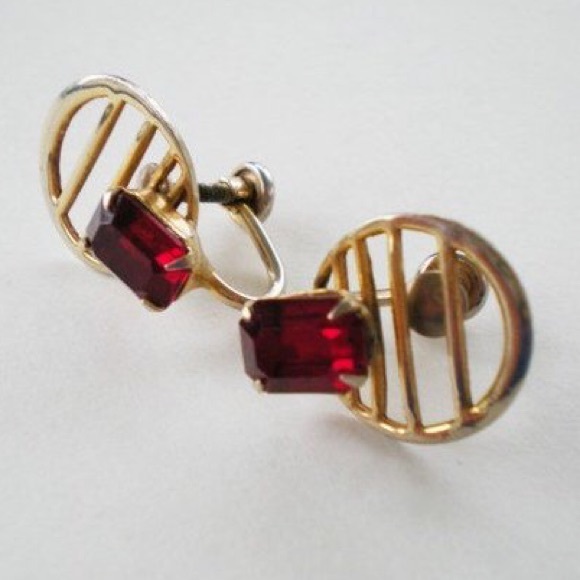 Scitarelli Jewelry - Vintage red stone gold earrings Art Deco